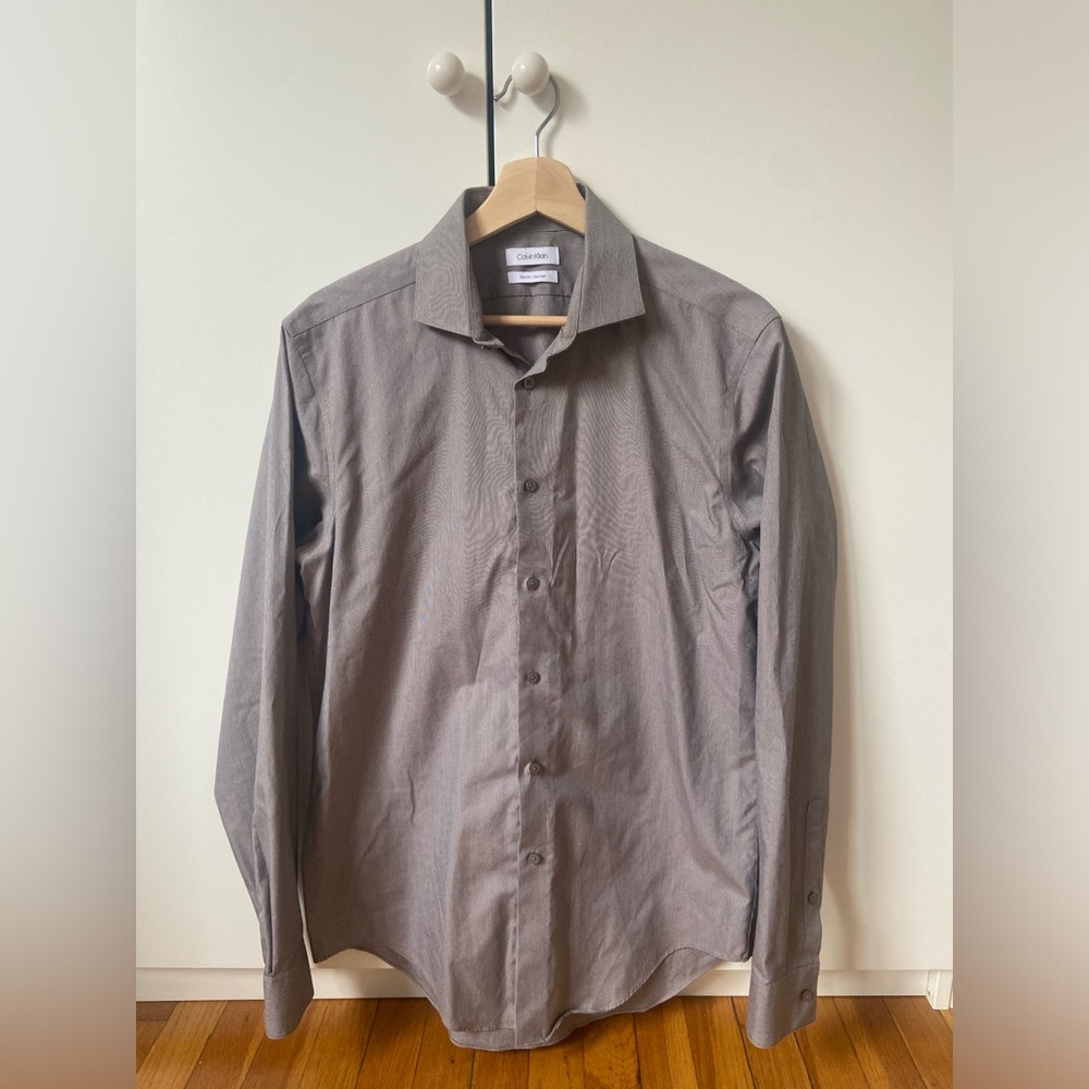 Calvin Klein Men Slim Fit Non-Iron Dress Shirt | Size 15 1/2 | Brown Pattern